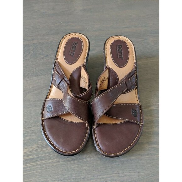 Born 8M Brown Leather Criss Cross Straps Slip On Platform Wedge Slides Sandals - Picture 8 of 8
